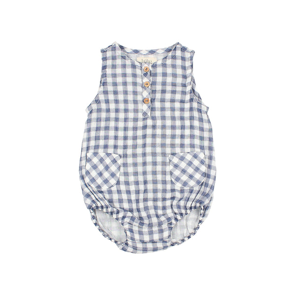 Baby Gingham Romper in Blue Stone
