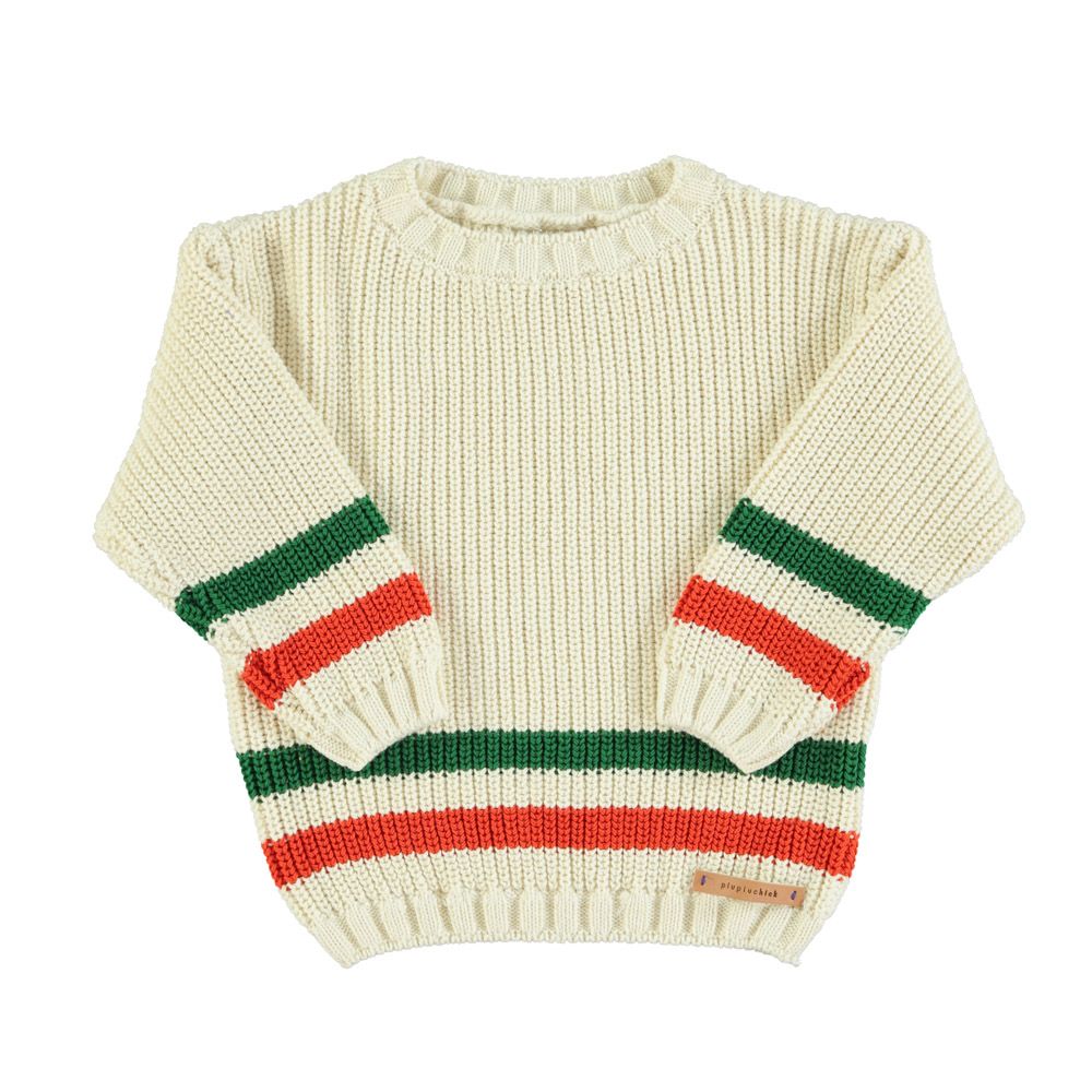 Knitted Sweater in Ecru w/ Multicolor Stripes