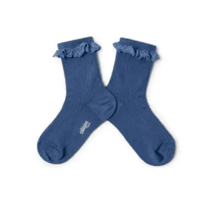 Collegien,Pauline Lace-Trim Ankle Socks, Bleu Saphir,CouCou,Girl Shoes, Socks & Tights